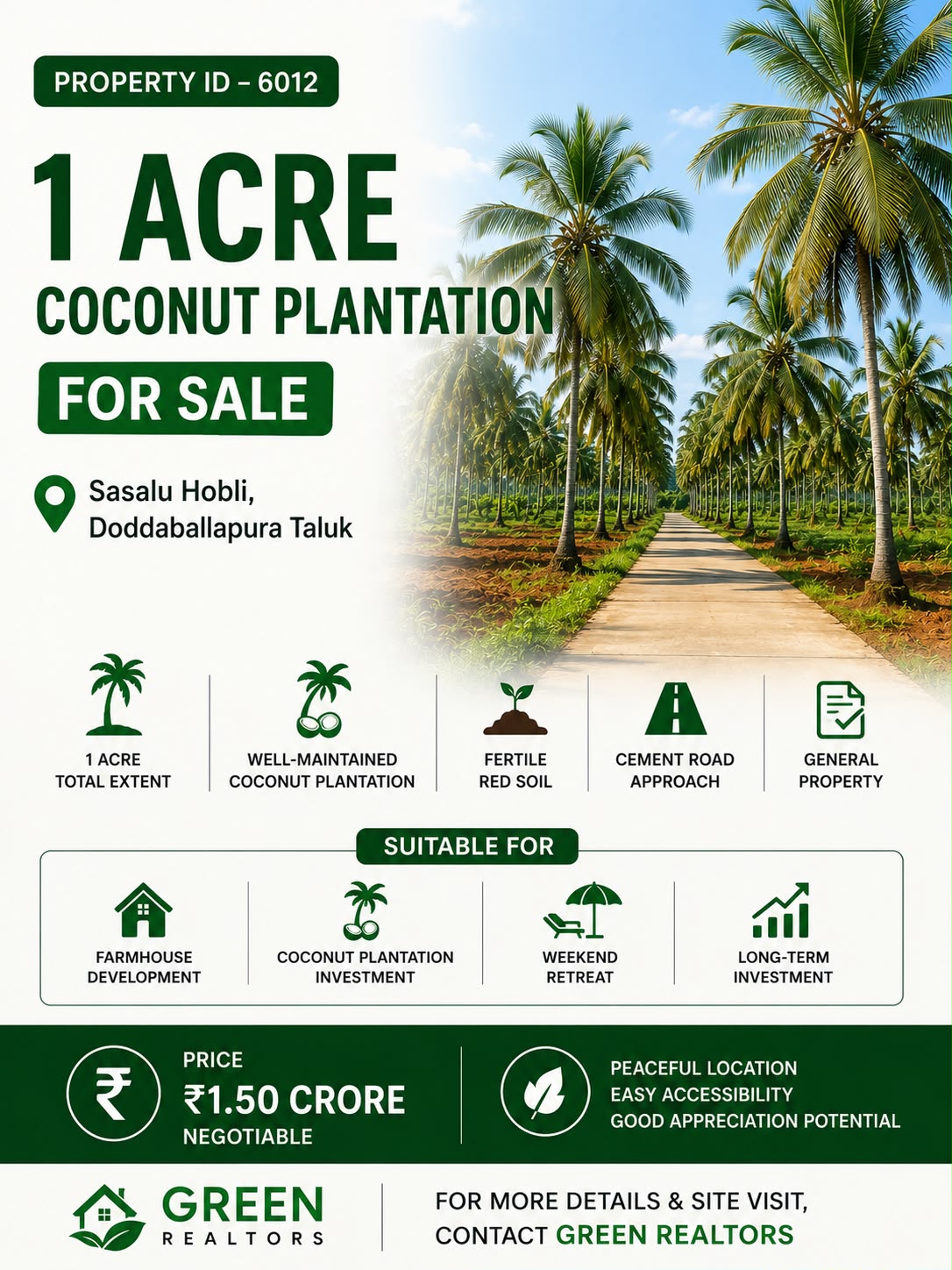 🆔 *PROPERTY ID – 6012* 🌴🥥 *1 Acre Coconut Plantation for Sale – Sasalu Hobli, Doddaballapura Taluk*